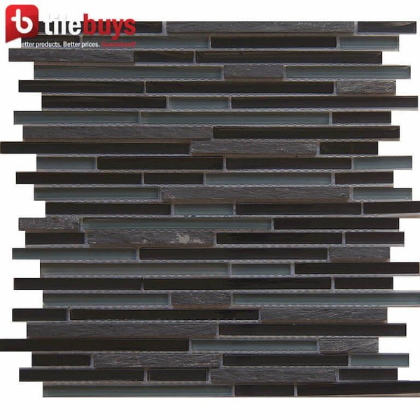 12 inch Stone Glass & Dark Gray Metal Strip Mosaic