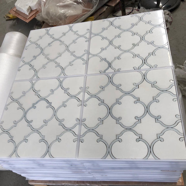 White Thassos and Blue Celeste Marble Waterjet Mosaic Tile in Prima  Brackets