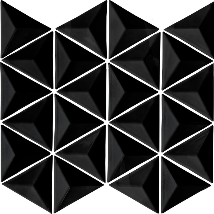 Glossy Black Glass 3D Triangle Mosaic Tile