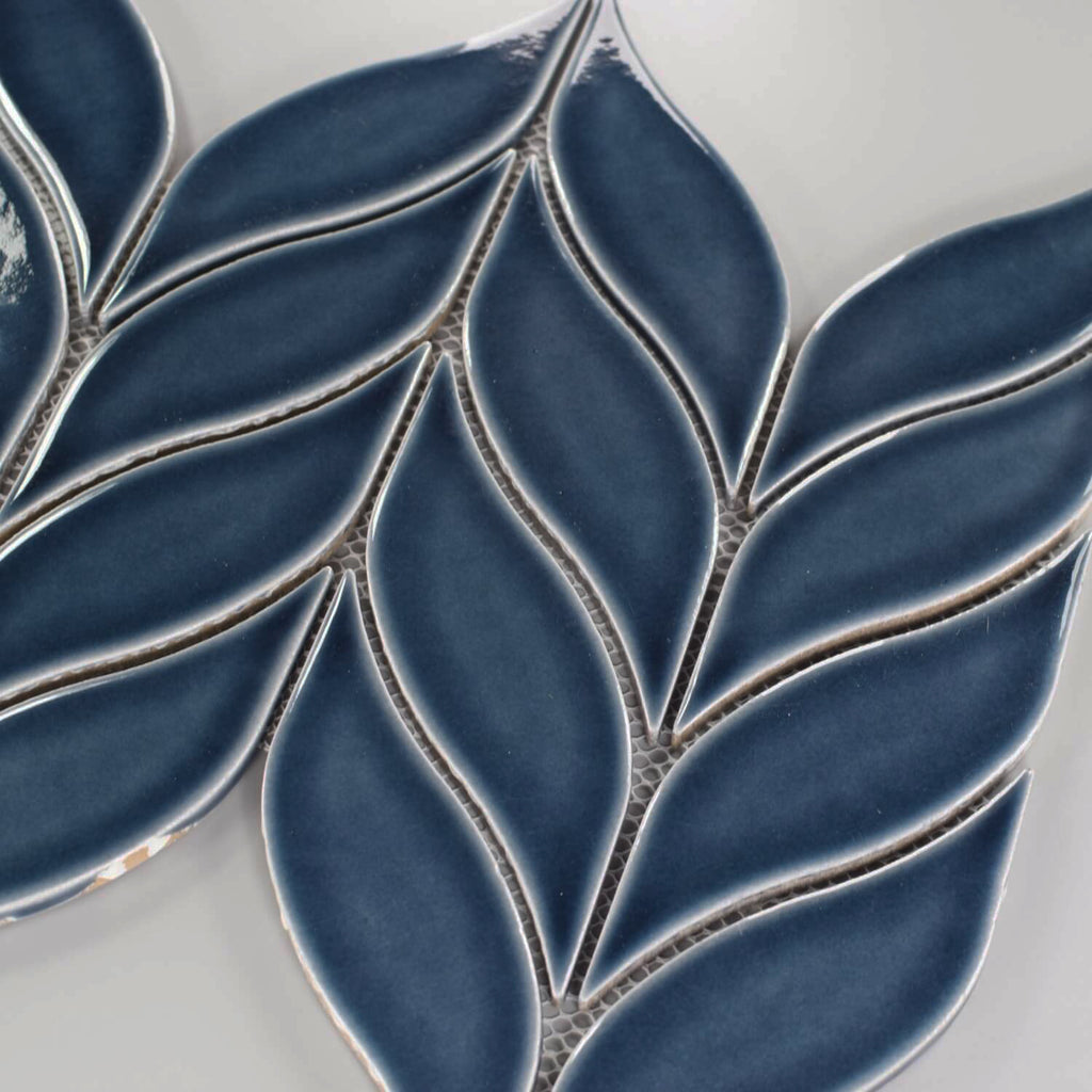 Closeup of Glossy Blue Leaf Ceramic Tile