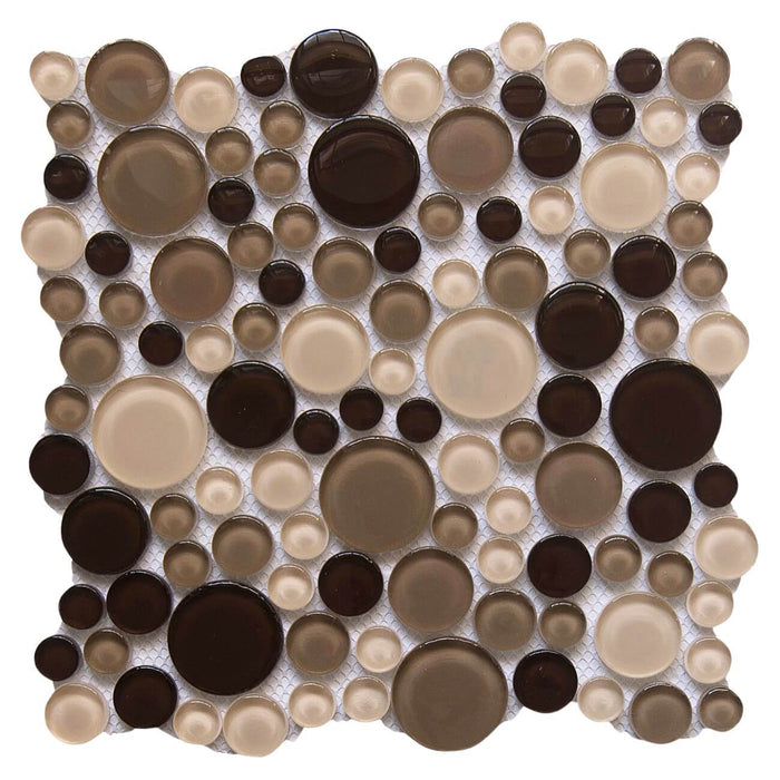 Beige & Brown Glass Mosaic Penny Circle Round Tile