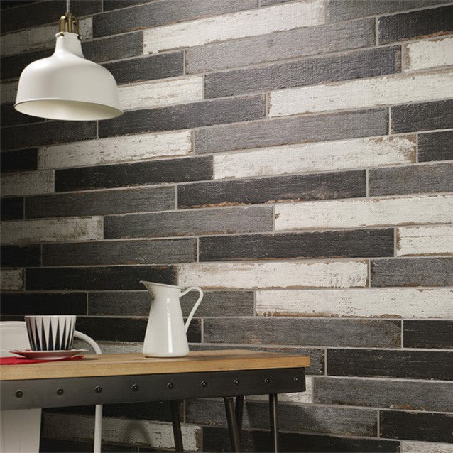 Modern Kitchen Accent Wall Featuring Random Mix of Distressed Wood Look White, Gray & Black Porcelain Tiles