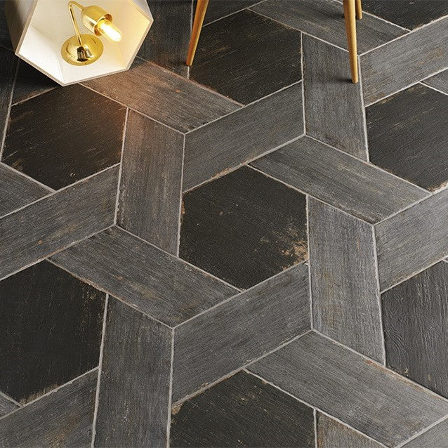 Closeup of Floor with Black Hex Tile Surrounded by Ash Gray 7x16  Wood Look Tile