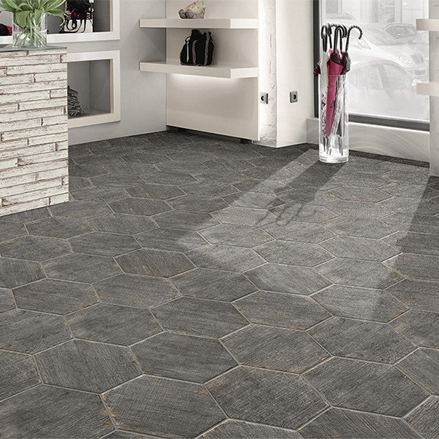 Distressed Wood Look Gray Hexagon Tile Lobby Floor