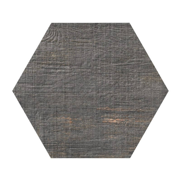 Closeup of Distressed Wood Look Ash Gray Hexagon Porcelain Tile