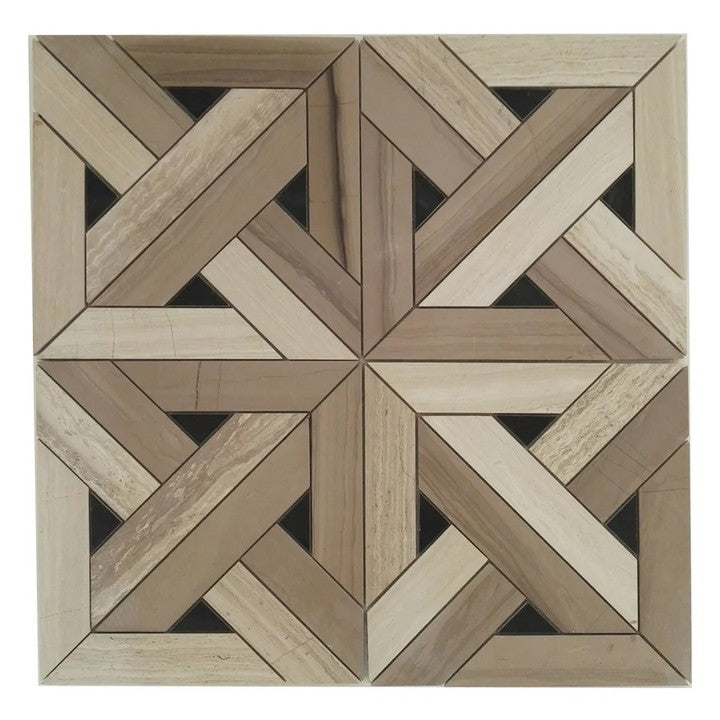 Athens, Oak & Nero Marble Mosaic Tile - Wooden Weave