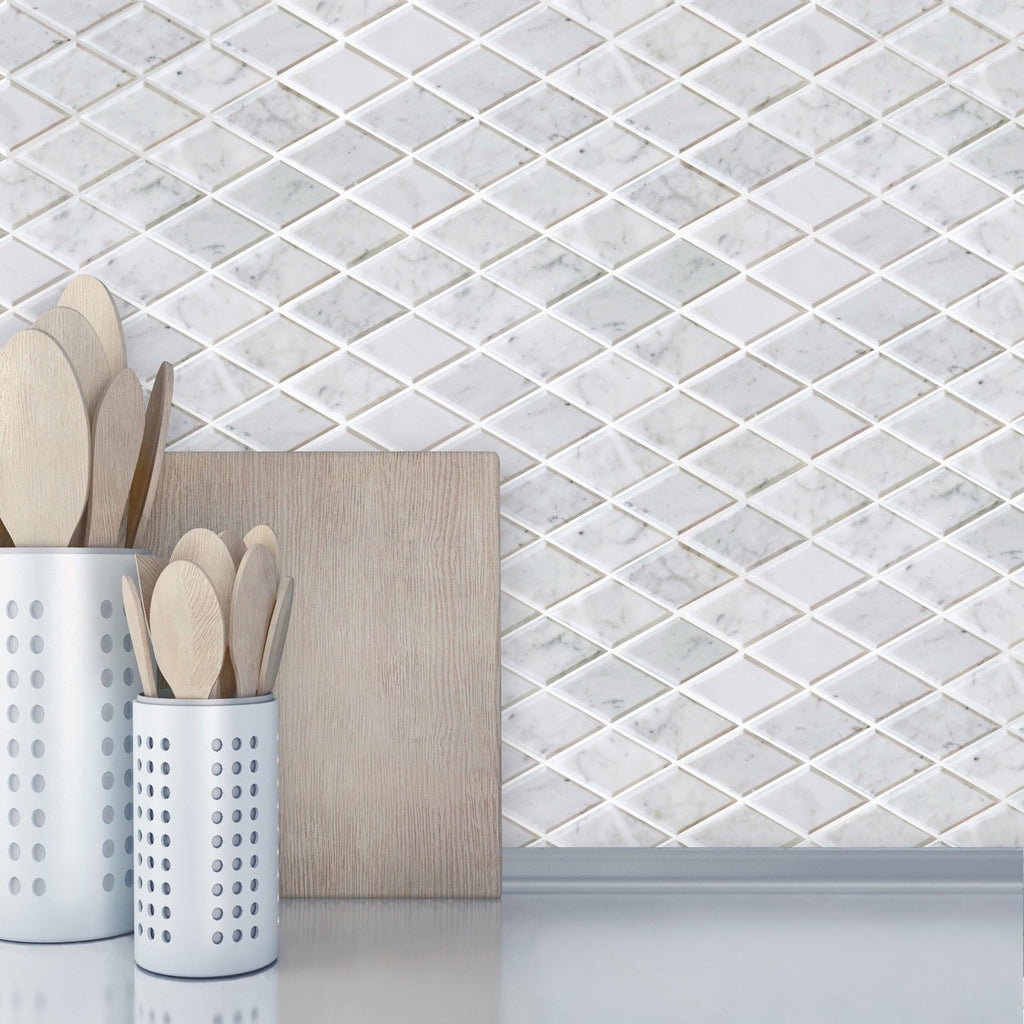 Bianco Carrara Marble Mosaic Tile - Beveled Diamonds - Polished