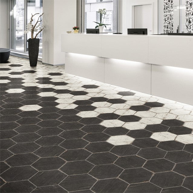 Lobby Floor Covered in Wood Look Hexagon Tiles (Mix of Black Hex Tiles & White Tiles)