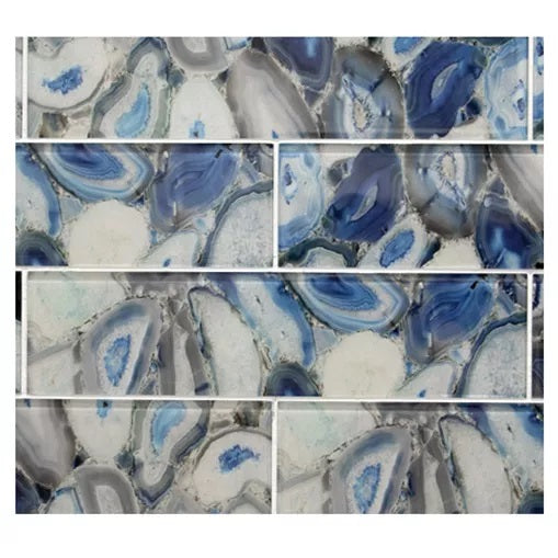 Glass Subway Tiles with Blue, Gray and White Agate Geode Pattern