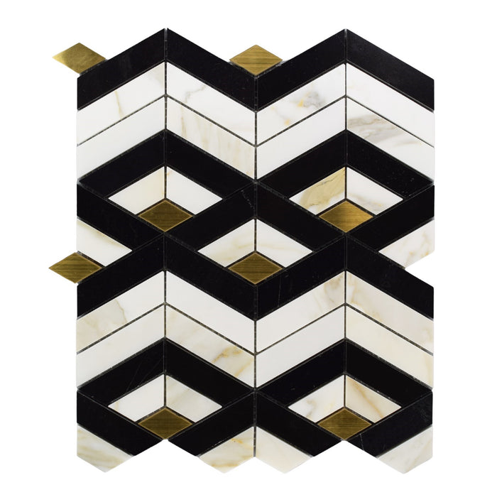 Calacatta Gold & Black Marble Geometric 3D Tile with Brass Inlay