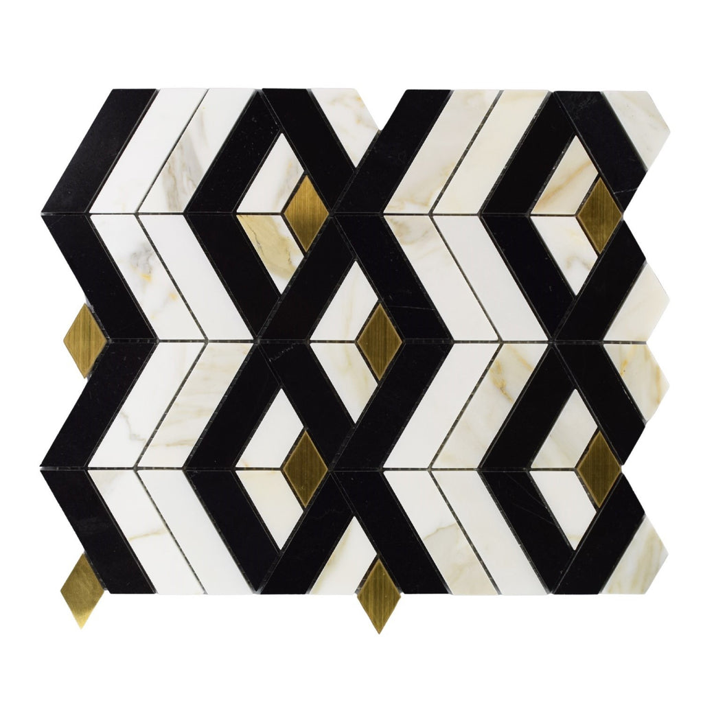 Calacatta Gold & Black Marble Geometric 3D Tile with Brass Inlay
