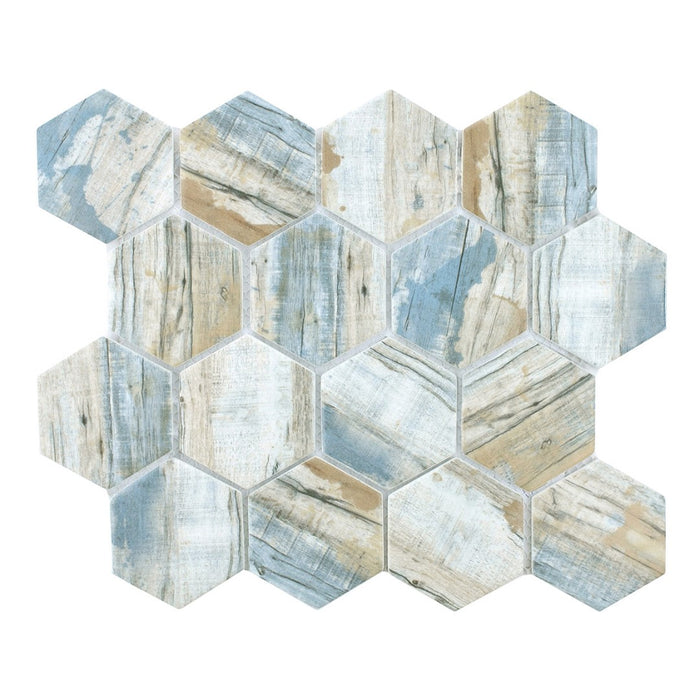 White, Sandy Beige & Blue Coastal Wood Look Glass Hex Tile