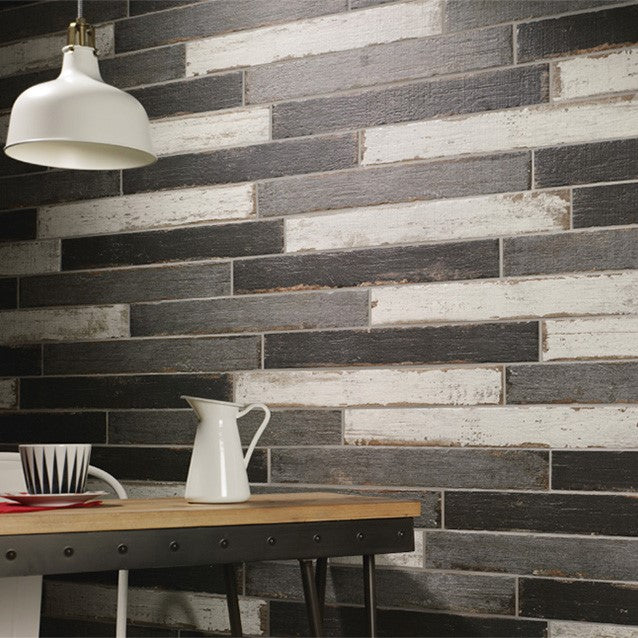 Wall Tiled with Mix of White, Gray & Black 3x24 Wood Look Porcelain Tiles