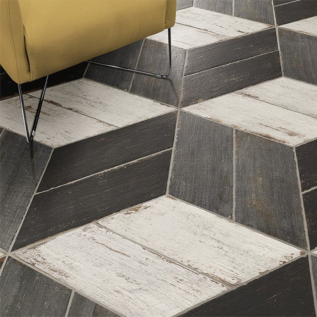 Distressed White, Black & Gray Wood Look Porcelain Tile Floor