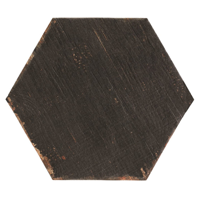 Closeup of Distressed Black Wood Look Porcelain Hexagon Tile