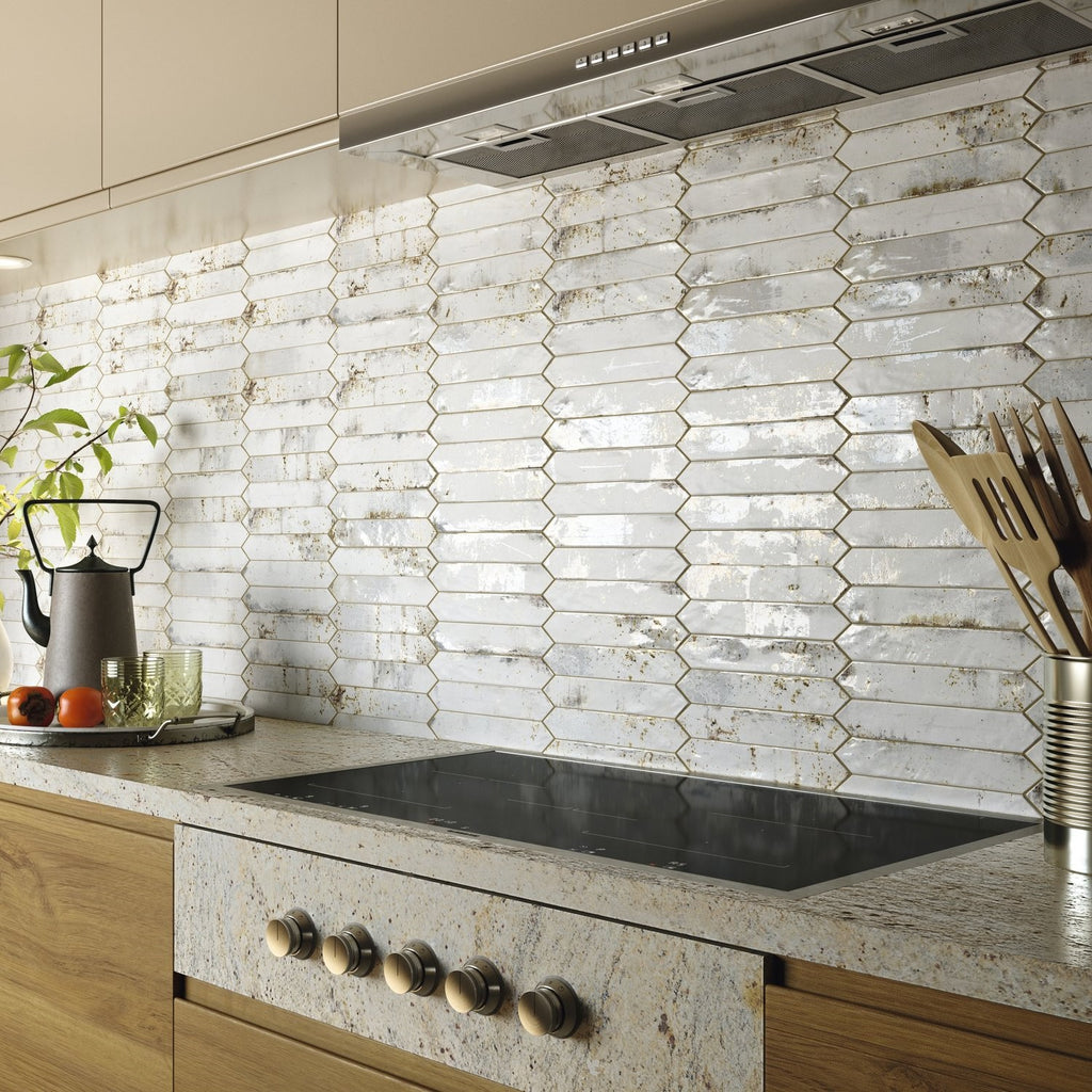 Stove area in kitchen with distressed white picket tile backsplash and wood cabinets