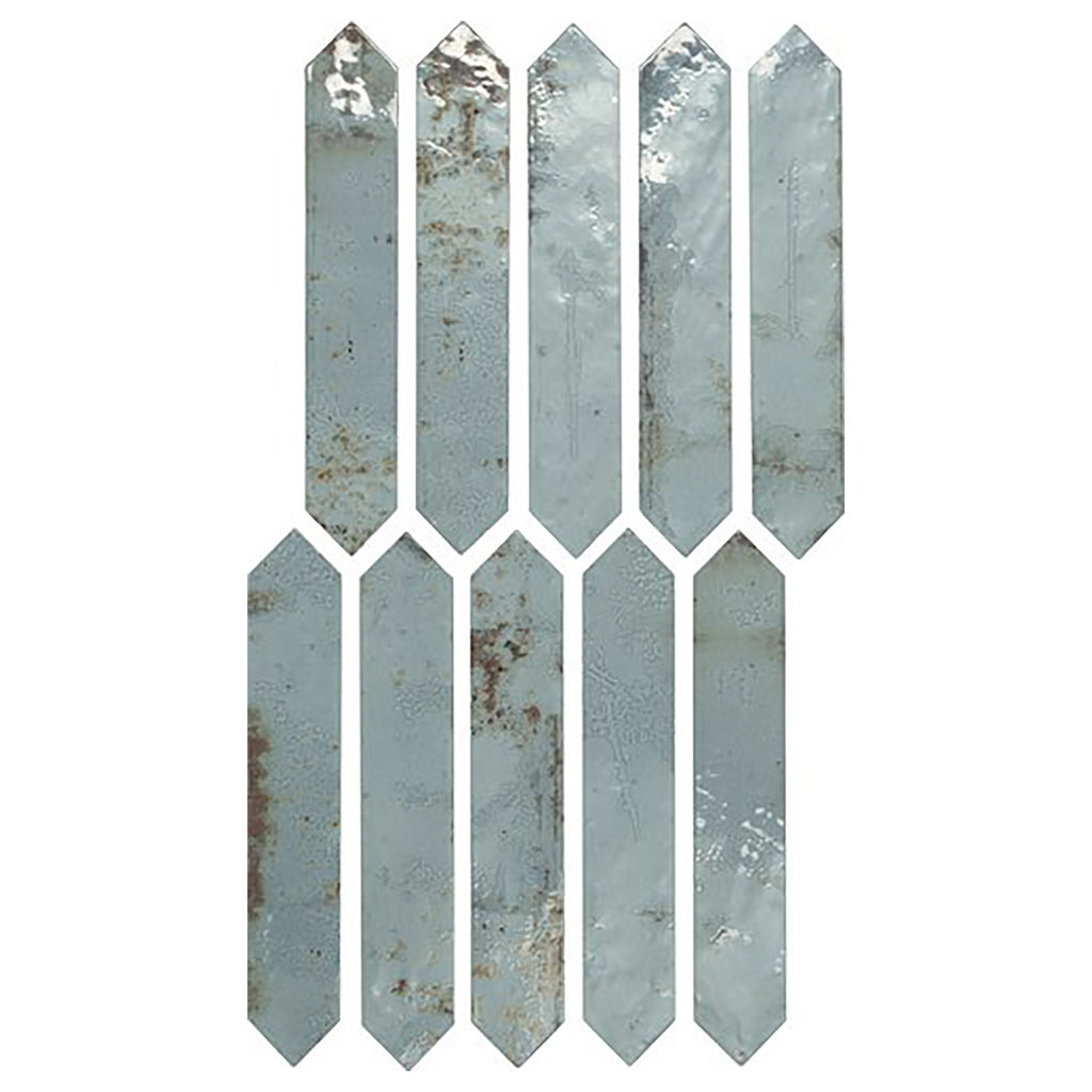 Closeup of distressed look aqua blue picket tiles