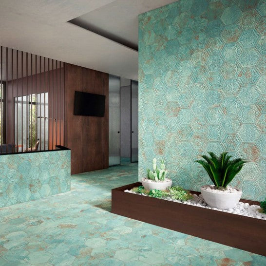 Entryway with green patinated copper look porcelain hexagon wall tile