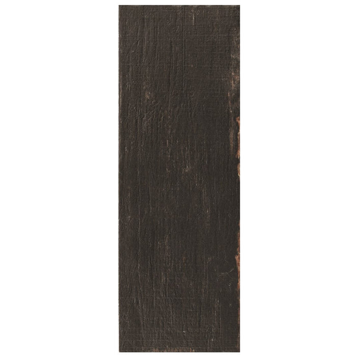 Closeup of Black 8x24 Distressed Wood Look Porcelain Tile