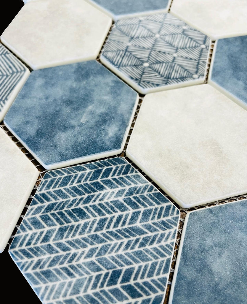 Matte Denim Blue and White Patterned Glass Hexagon Mosaic Tile