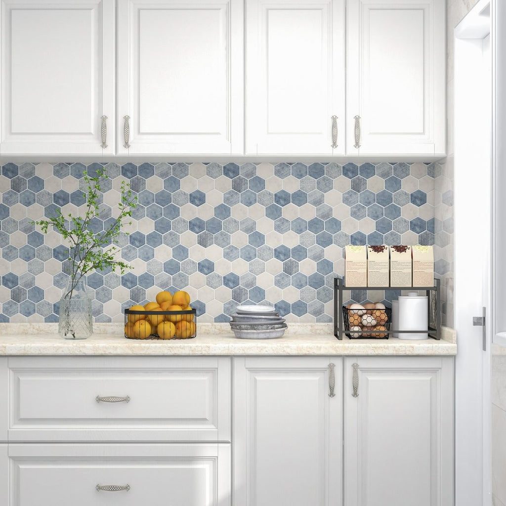 Matte Denim Blue and White Patterned Glass Hexagon Mosaic Tile