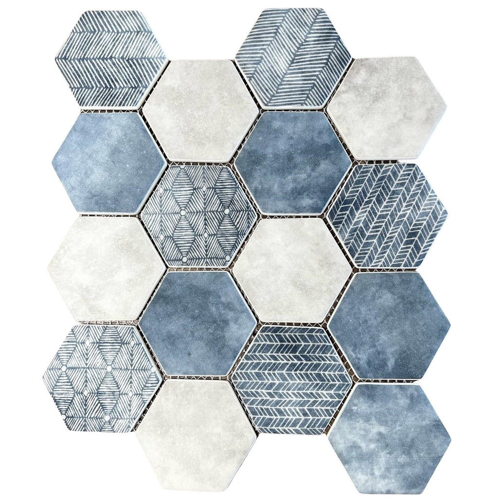 Matte Denim Blue and White Patterned Glass Hexagon Mosaic Tile