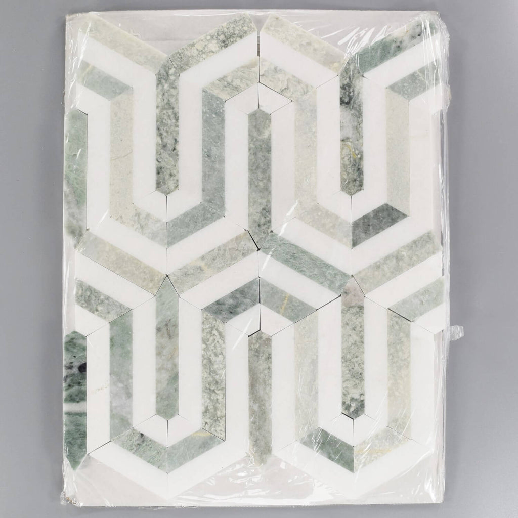 Ming Green and White Thassos Marble Greek Key Mosaic Tile in Packaging