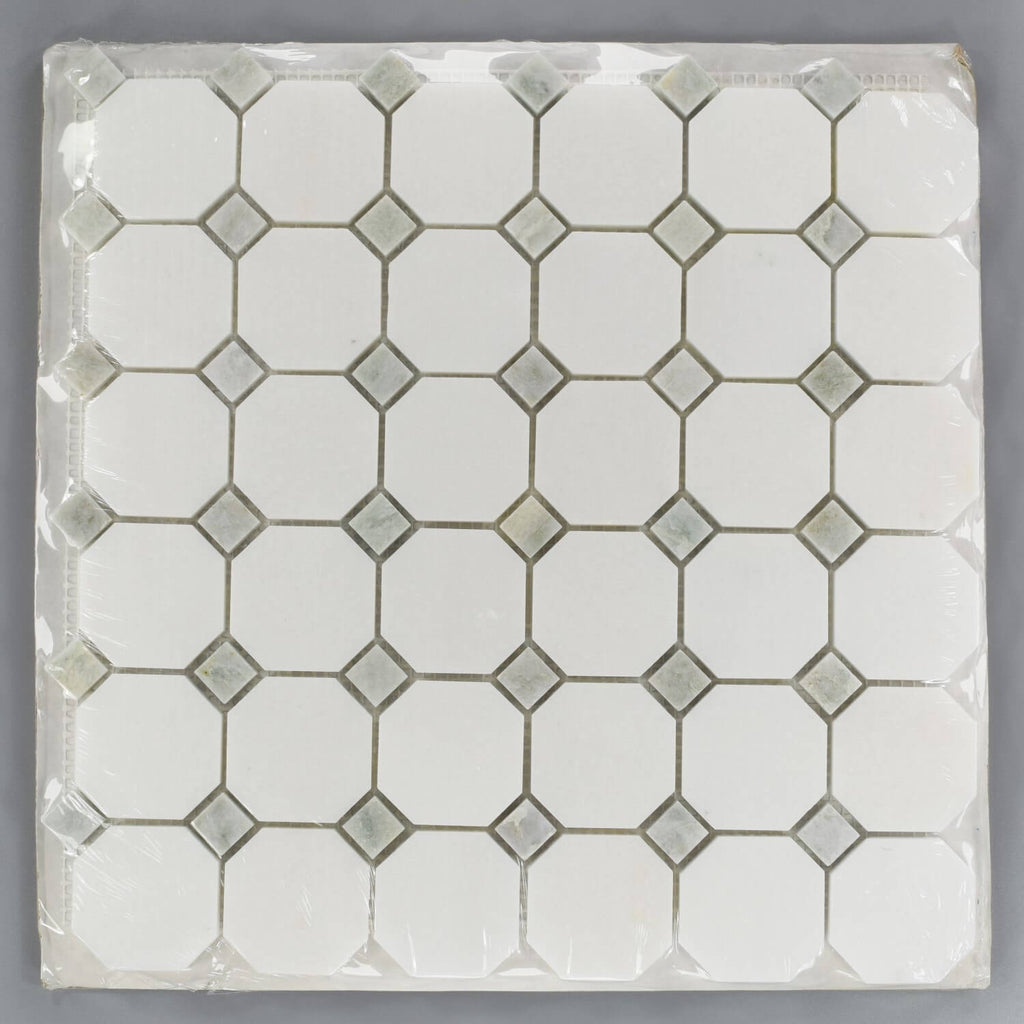 Thassos White Marble Octagon Mosaic Tile With Ming Green Diamond Accents