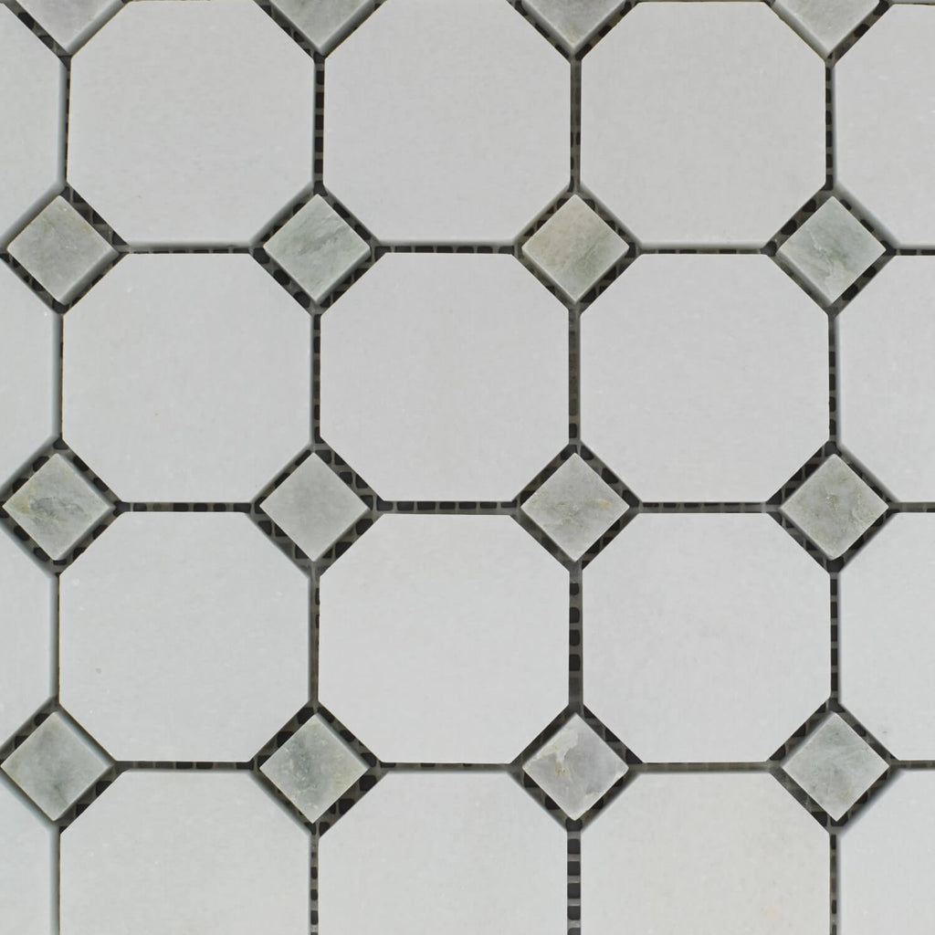 Thassos White Marble Octagon Mosaic Tile With Ming Green Diamond Accents