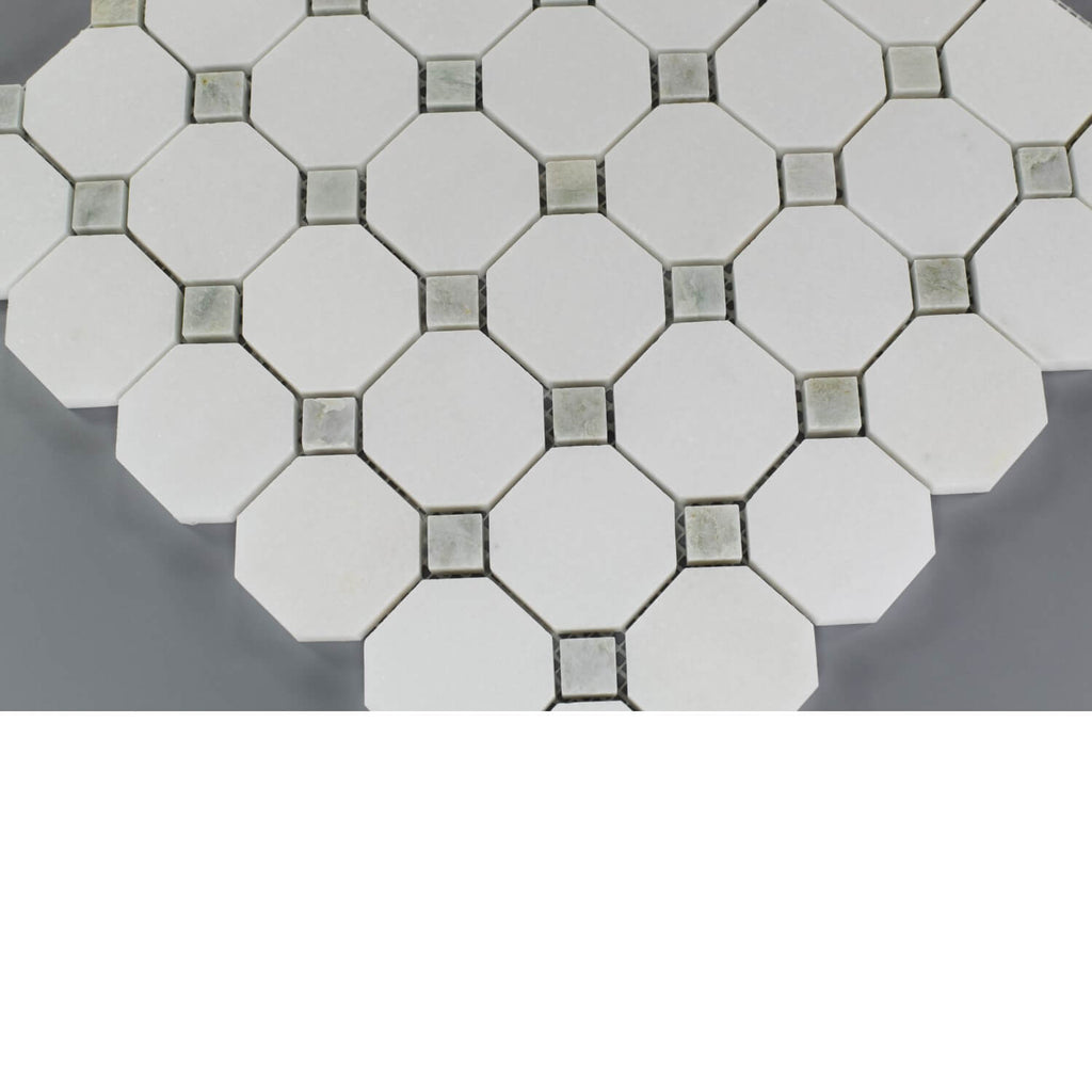 Thassos White Marble Octagon Mosaic Tile With Ming Green Diamond Accents