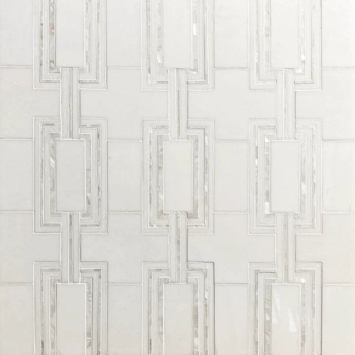 Thassos Marble and Mother of Pearl Chain Link Pattern Waterjet Tile 