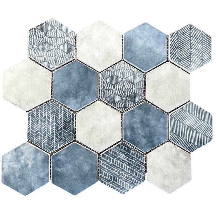 Matte Denim Blue and White Patterned Glass Hexagon Mosaic Tile