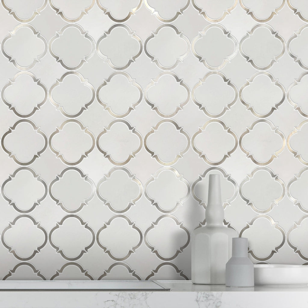 White Thassos Marble & Grey Metal Quatrefoil Waterjet Mosaic Tile
