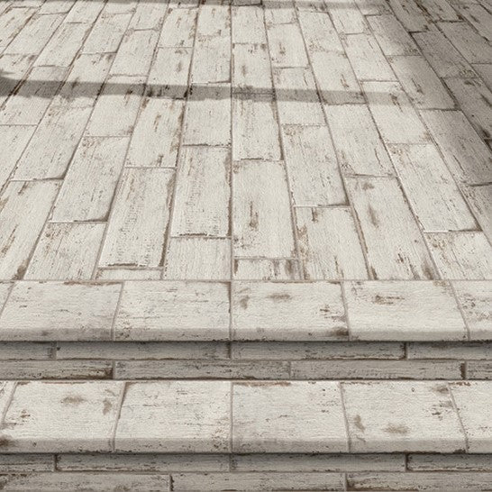 Closeup of Distressed White Wood Look Porcelain Tile Floor with Steps