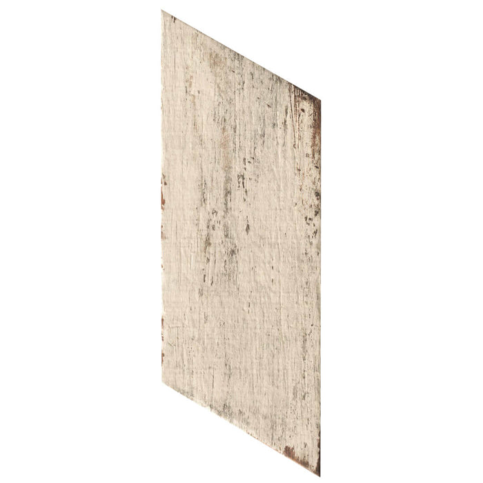 Closeup of Rustic Distressed White Wood Look Plank Porcelain Tile