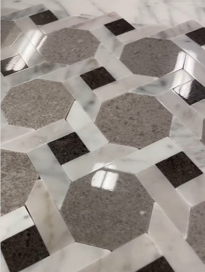 Octagon Trellis Diamond Gray Marble Mosaic Tile with Polished Finish