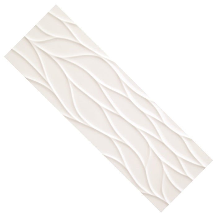 Closeup of a single large white wave pattern 3d tile.