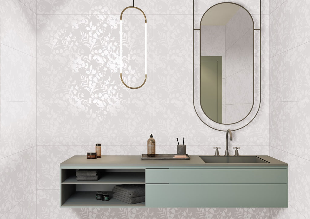 Bathroom vanity and mirror with white floral tile walls