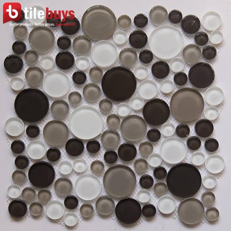 Brown, Beige & White Glass Mosaic Penny Circle Round Tile