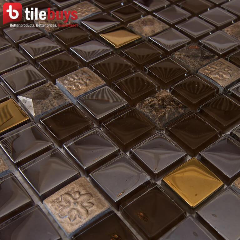 5 Sq Ft of Brown Stone & Bronze Glass Mosaic Tile - 1 Squares