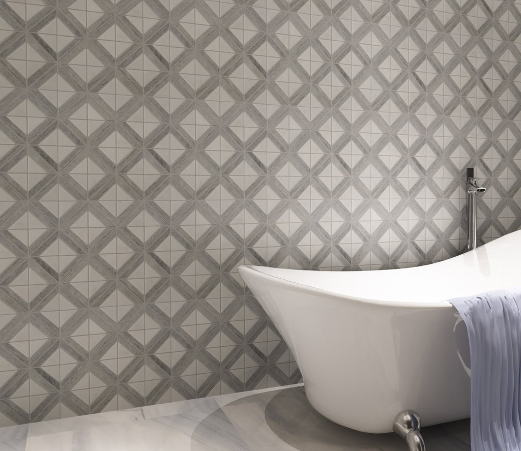 Bathroom Tub Surround Wall Featuring Mountain Blue and Gray Marble Diamond Pattern Mosaic Tile