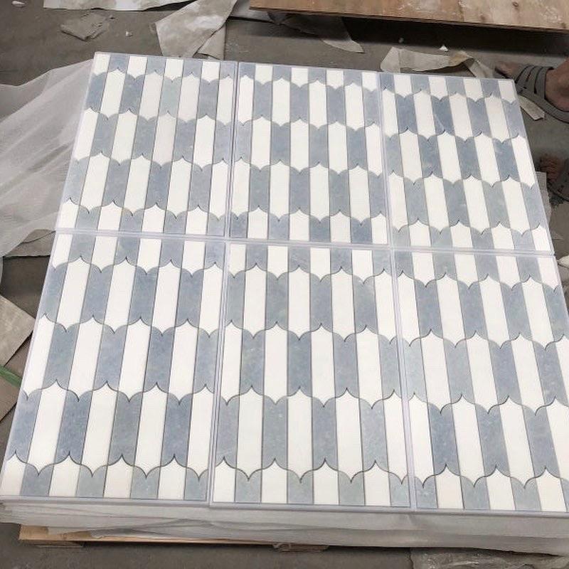 Zeus Blue Celeste 2x8 Picket Polished Marble and Brass Waterjet Mosaic Tile